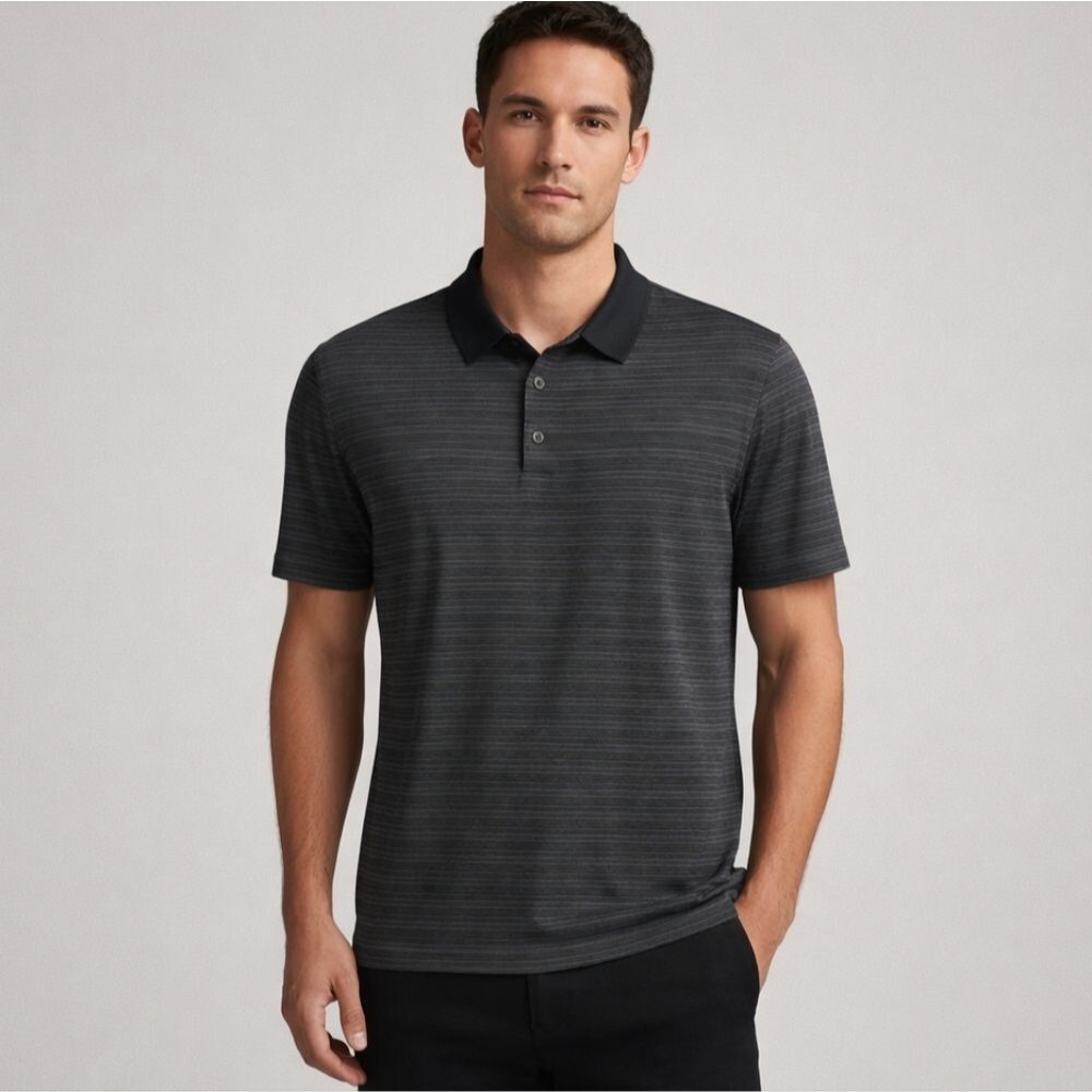 Theory Men’s Polo Shirt M Black Charcoal Stripe Performance Stretch Modern Golf